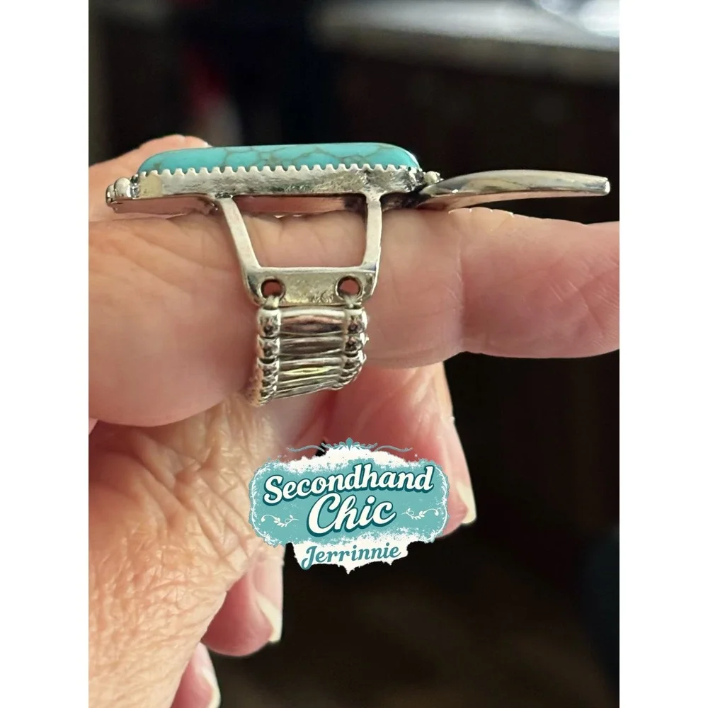 Western Faux Turquoise Longhorn‎ Steer Skull Stretch Ring Silver Tone Boho